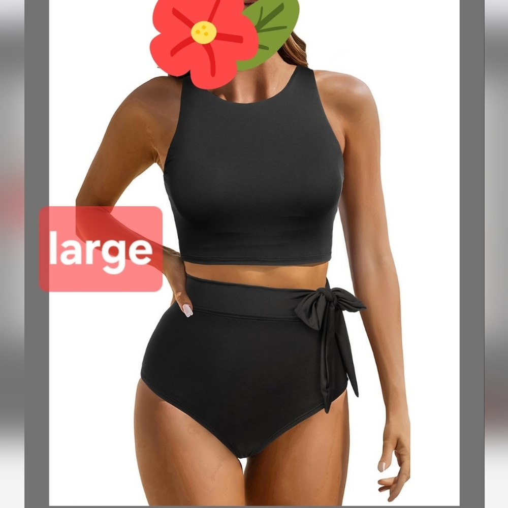 Women's Black High-Waisted Bikini  Set Large New With Tags Good. Coverage